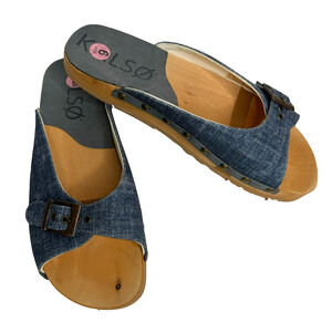 Kelso Sandals Womens 9 Denim Slide Wood Footbed Adjustable Buckle Grommet